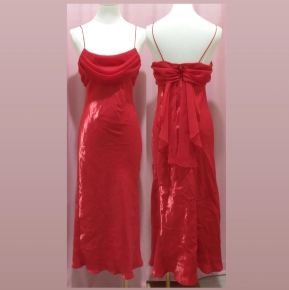 let's fashion Dresses & Skirts - 90s/Y2K Prom Dress Red Rayon Cowl Neck by Let's Fashion (Size Small)